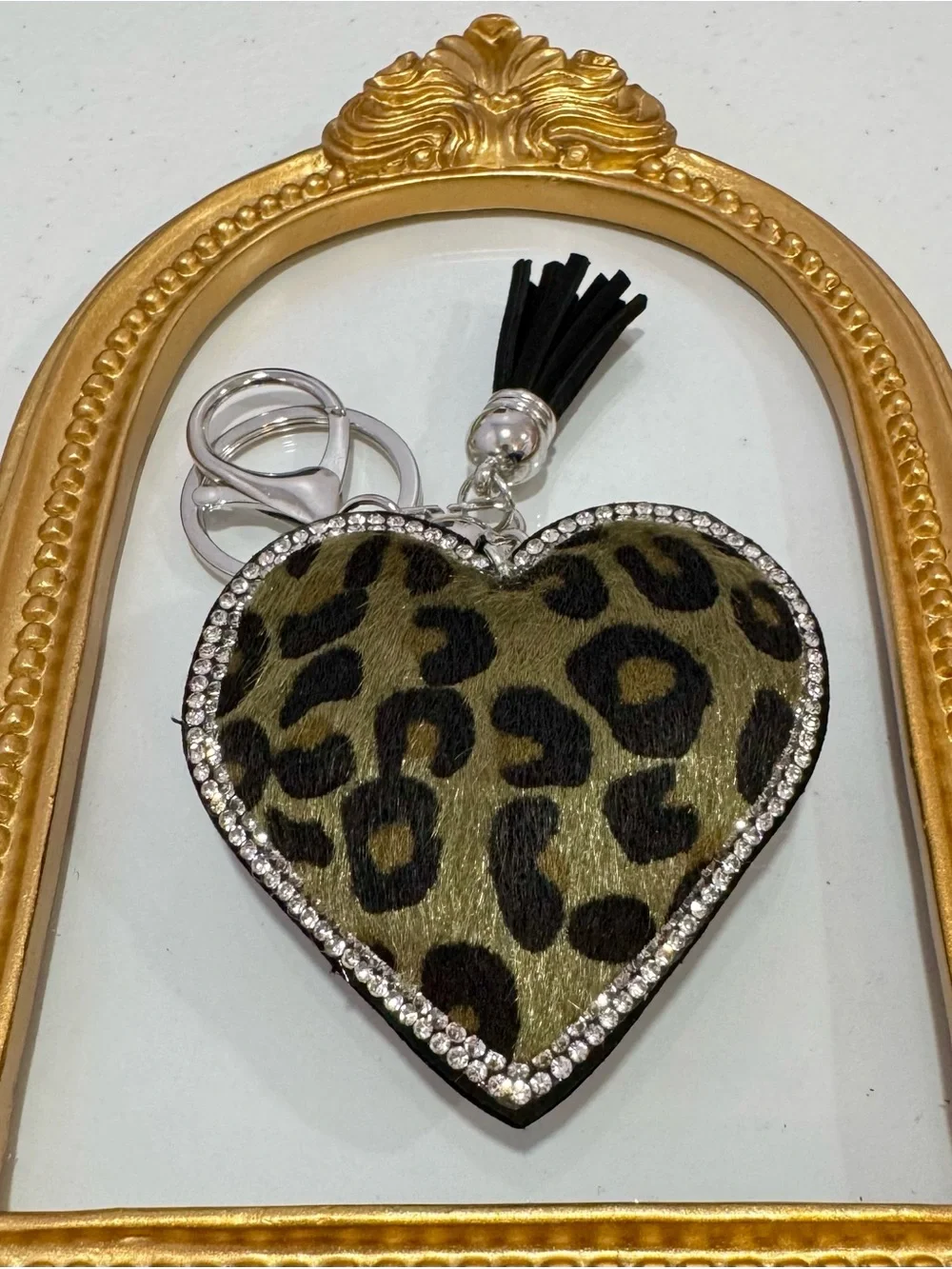 New Olive Green Leopard Heart with Tassel Keychain